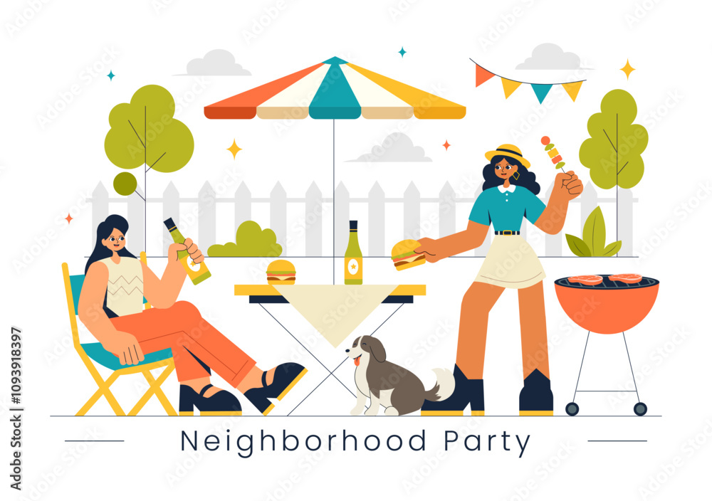 Fototapeta premium Neighborhood Events Vector Illustration featuring Friends and Family Celebrating Holidays with an Outdoor Party, Local Food Festival, and a BBQ Table