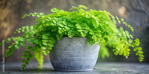 Lush Adiantum Capillusveneris Houseplant in a Modern Grey Pot with High Depth of Field for Home Decor and Gardening Inspiration photo