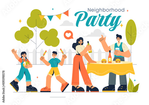 Neighborhood Events Vector Illustration featuring Friends and Family Celebrating Holidays with an Outdoor Party, Local Food Festival, and a BBQ Table