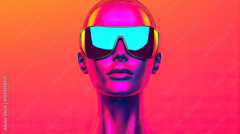 model modern photography and avant-garde, A vibrant, stylized mannequin wearing futuristic sunglasses, set against a colorful gradient background.