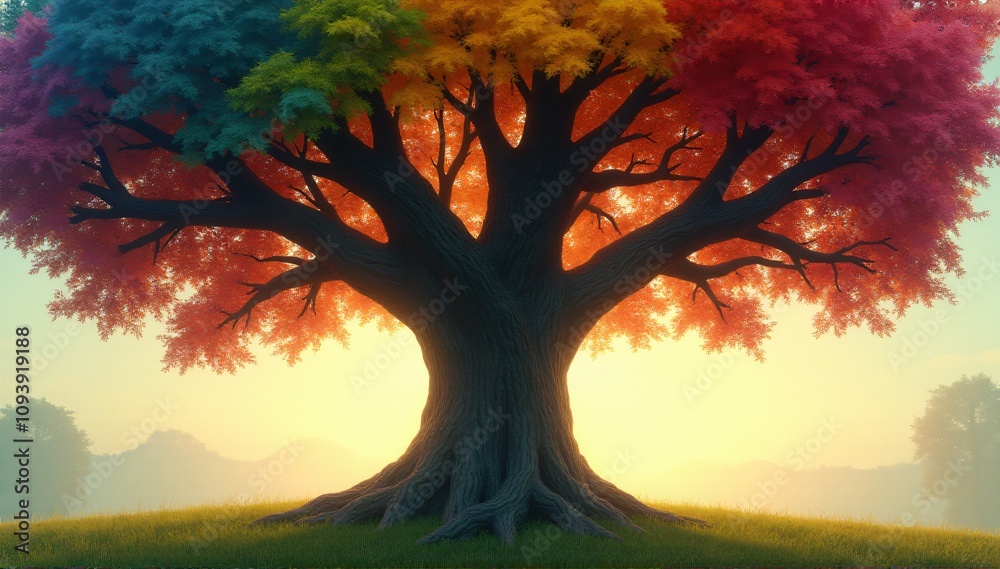 Obraz premium A majestic tree with vibrant multicolored leaves ranging from blue to red, standing in a peaceful field at sunrise, symbolizing nature, seasons, and beauty.