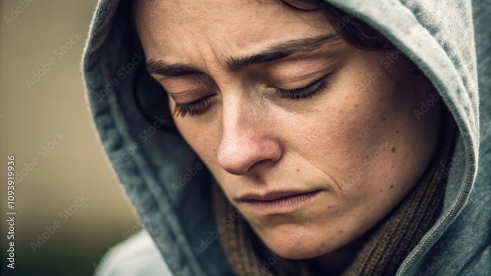An intimate portrait that captures a moment of deep reflection. The subjects eyes are closed tightly suggesting inner turmoil. The furrowed brow and the tensed mouth reveal An intimate portrait that captures a moment of deep reflection. The subjects eyes are closed tightly suggesting inner turmoil. The furrowed brow and the tensed mouth reveal
