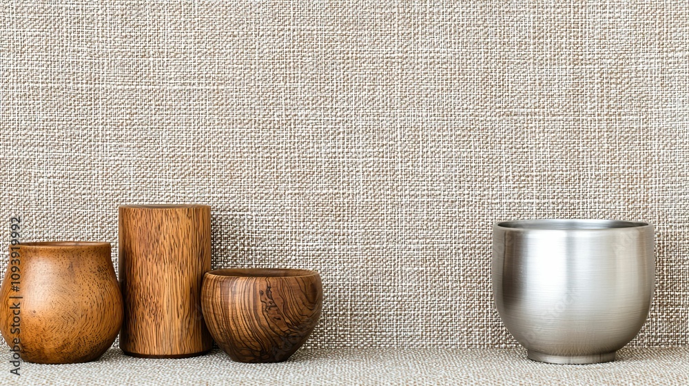 model modern photography and avant-garde, A minimalist display of wooden bowls and a metal cup against a textured background, emphasizing simplicity and natural materials.