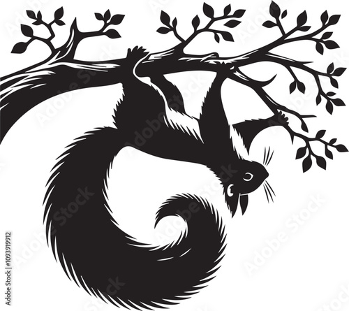 A squirrel hanging upside down on a branch silhouette vector