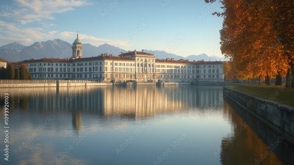 Fototapeta premium A grand palace with a reflection in the water on a calm autumn morning.