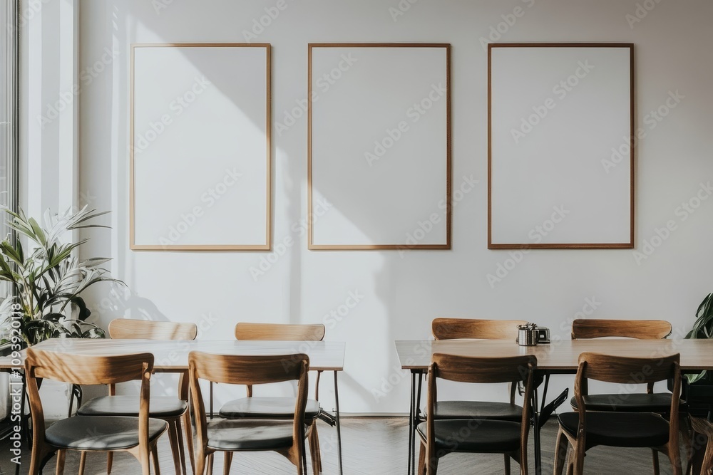 Fototapeta premium Three empty frames on a white wall in a modern cafe with wooden tables and chairs.