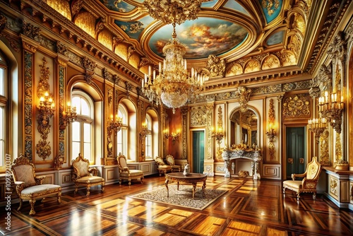 Luxurious European Palace Room with Gold Decorations - A Classic Extravagance in Realistic Illustrative Style, Perfect for Conceptual Photography and Interior Design Inspiration