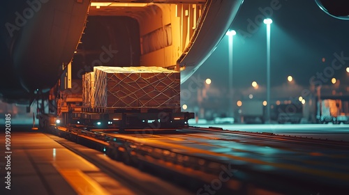 Air cargo container on loading platform illuminated by warm orange and cool blue lighting at night, industrial airport setting with runway lights in background.