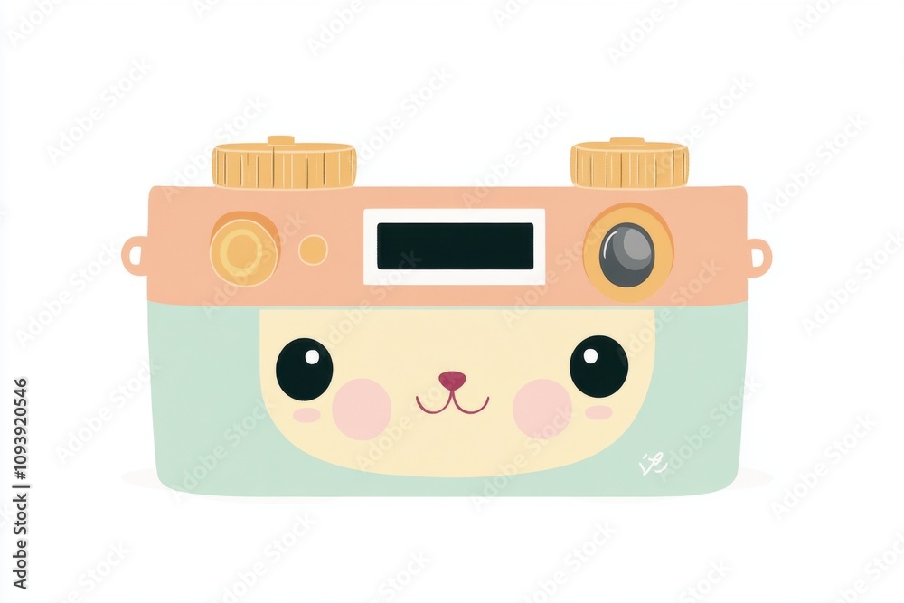 A cute, cartoon-style camera with a friendly face design. A cute, cartoon-style camera with a friendly face design.