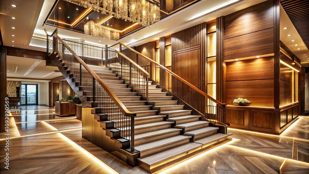 Fototapeta premium Luxurious Hotel Staircase Showcasing Elegant Wooden Steps with Modern Lighting Accents in a Sophisticated Interior Design Setting for Architectural Photography