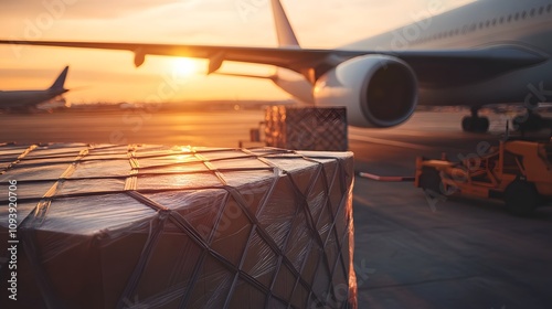 Air cargo container wrapped in plastic cover at airport during golden sunset, with aircraft engine and ground handling equipment visible in background.