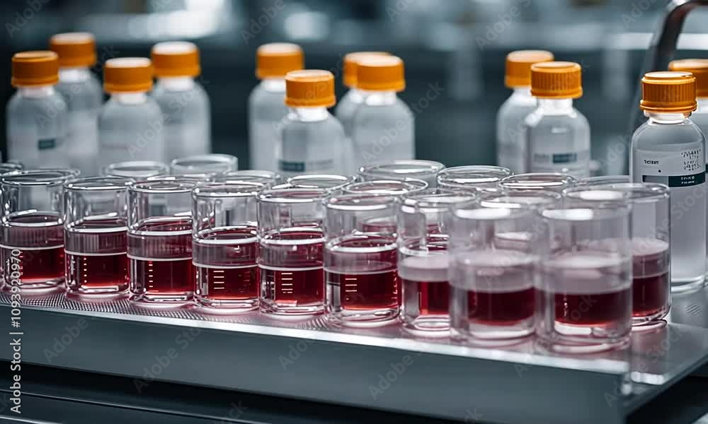 Glass vials with liquid in a laboratory
Glass vials with liquid in a laboratory