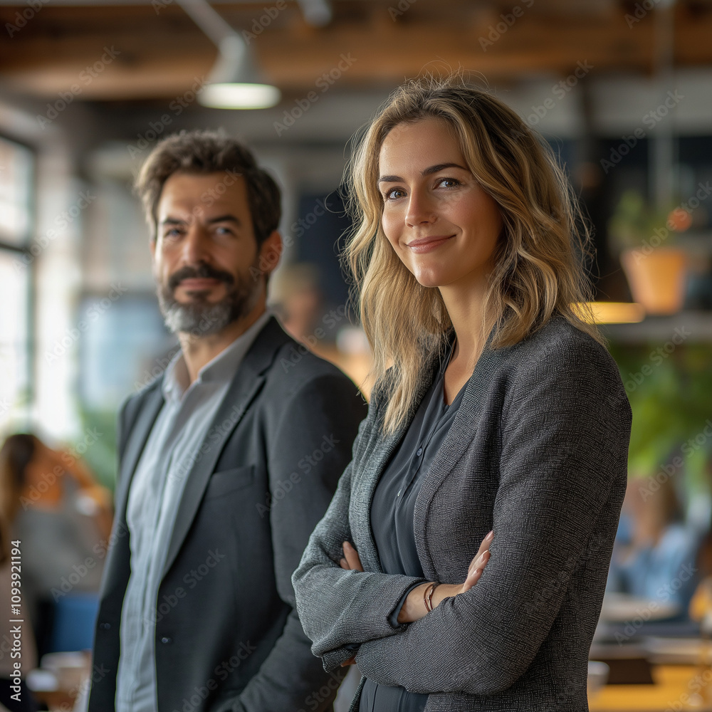 Business man and women makes presentation in office Business man and women makes presentation in office