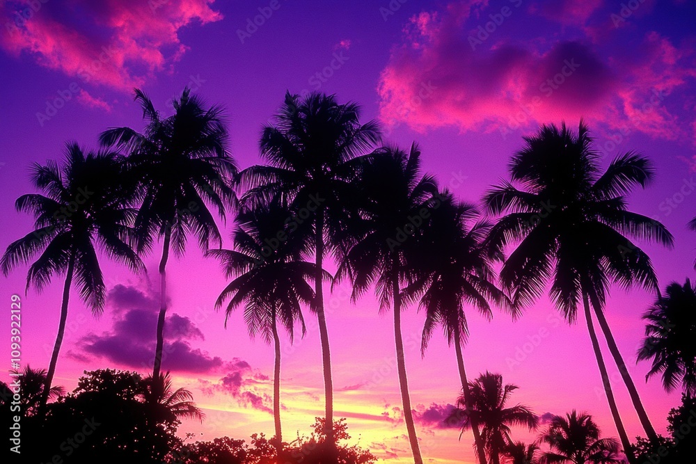 Tropical Sunset with Silhouette of Palm Trees Against Vibrant Purple and Pink Sky Tropical Sunset with Silhouette of Palm Trees Against Vibrant Purple and Pink Sky