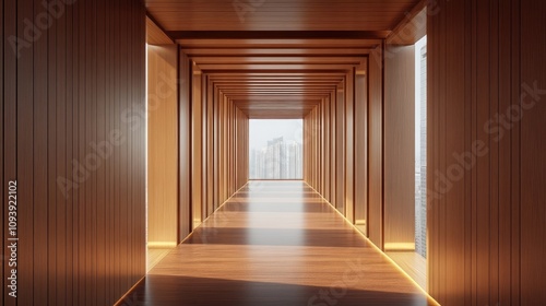 A long, wooden corridor with a city view at the end. The warm lighting and rich wood tones create a serene atmosphere.