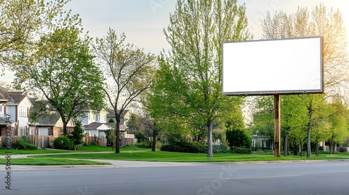 Blank white billboard mockup in suburban residential area with green trees and houses, street view during spring season, advertisement space on roadside.