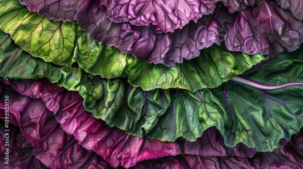 Obraz premium Colorful layers of fresh Swiss chard leaves displaying rich textures and vibrant hues of green and purple. Natural food background for healthy eating concept.