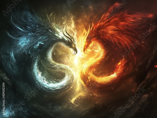 Epic battle of elements dragon and phoenix spiraling together in a cosmic dance of light fantasy realm digital art vibrant colors