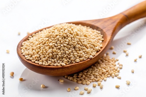 Macro Photography of Nutritious Sesame Seeds on a Wooden Spoon Against a Clean White Background, Highlighting the Natural Texture and Health Benefits of Whole Grains