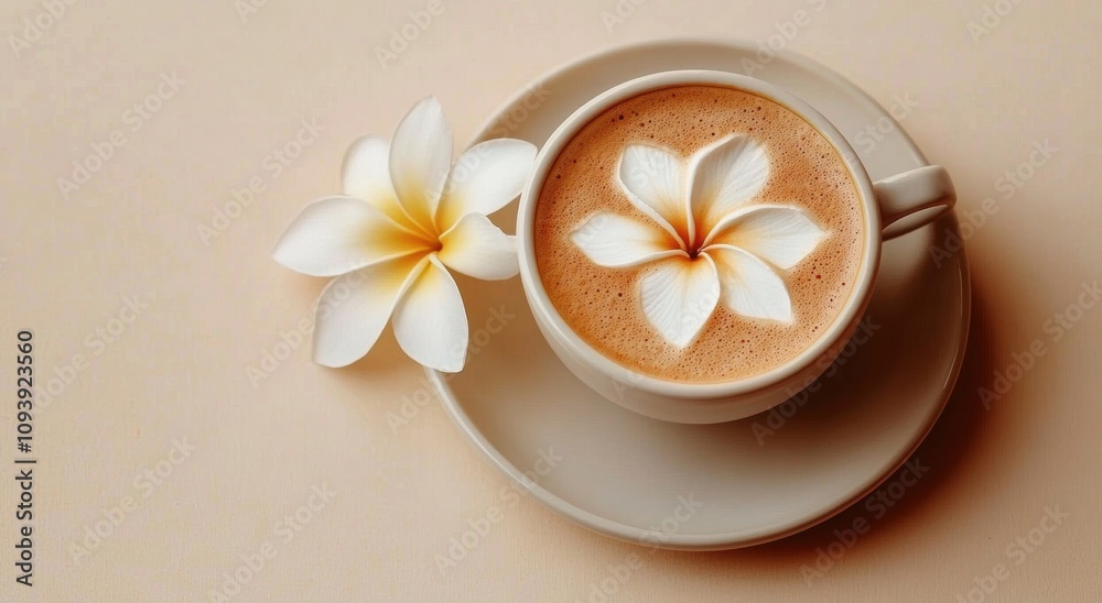 Frothy Latte Art in White Cup on Cream Saucer with Frangipani Flower Frothy Latte Art in White Cup on Cream Saucer with Frangipani Flower