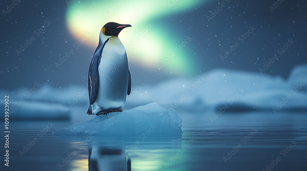 Obraz premium a lone emperor penguin standing confidently on an iceberg shaped like an upward arrow, symbolizing growth and strategic vision, with a glowing aurora in the sky, 