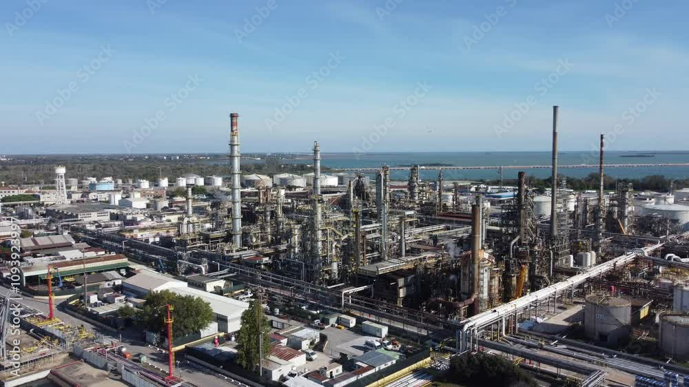Visão aérea de uma moderna indústria de hidrogênio em Veneza, Itália, destacando a produção de energia limpa e soluções sustentáveis para o futuro da energia renovável Visão aérea de uma moderna indústria de hidrogênio em Veneza, Itália, destacando a produção de energia limpa e soluções sustentáveis para o futuro da energia renovável