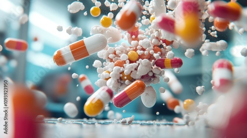 A vibrant explosion of colorful pills and capsules showcasing pharmaceutical innovation. photo