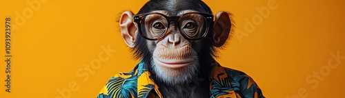 A chimpanzee in a colorful tropical shirt and sunglasses, showcasing a quirky and playful fashion sense photo