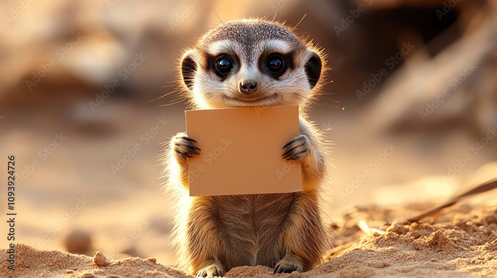Fototapeta premium Cute meerkat holding blank sign in desert landscape warm sunlight and curious expression
