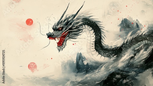 Majestic dragon emerges from misty mountains traditional chinese art cultural heritage mystical environment serene viewpoint artistic expression