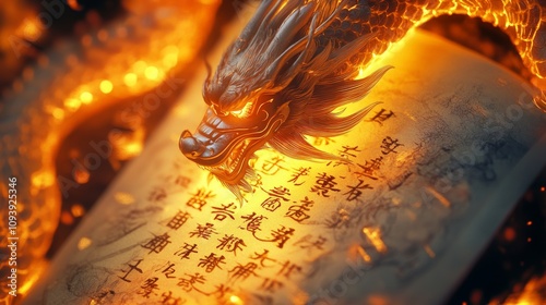 Ancient chinese scroll unveiled by glowing dragon mystical realm fantasy art illuminated text enigmatic scene cultural symbolism photo