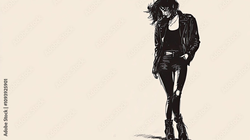 A stylish young woman with dark hair, dressed in a black leather jacket and ripped jeans, exudes a cool and confident vibe against a minimalist beige background. A stylish young woman with dark hair, dressed in a black leather jacket and ripped jeans, exudes a cool and confident vibe against a minimalist beige background.