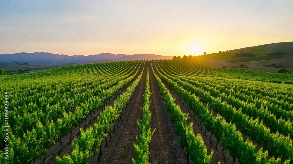 Scenic Vineyard at Sunset with Rows of Grape Vines Scenic Vineyard at Sunset with Rows of Grape Vines