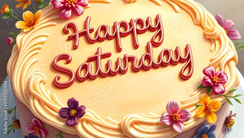 Happy Saturday text written on top of a cake