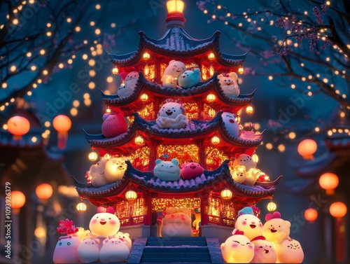 Noodle pagoda glowing with festive lights dumpling festival night market vibrant atmosphere whimsical design culinary delight