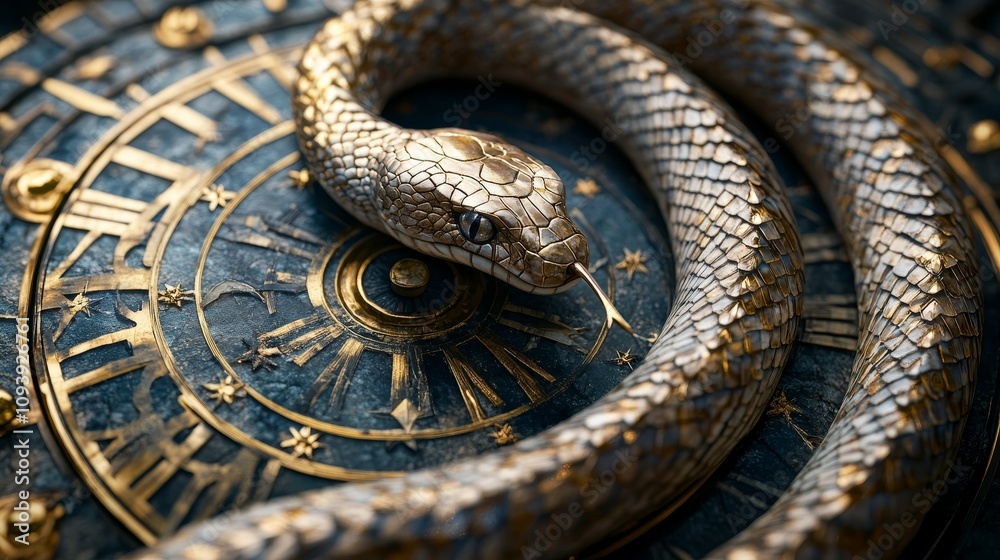 Obraz premium Snake curled in circle creates stunning zodiac symbol mythical setting artistic representation intriguing perspective nature concept