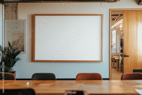 A clean and modern office meeting room with a large whiteboard and a wooden table.