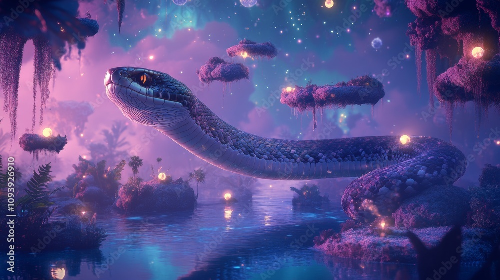Obraz premium Surreal dreamscape a floating snake in a mystical landscape enchanted environment fantasy art ethereal viewpoint