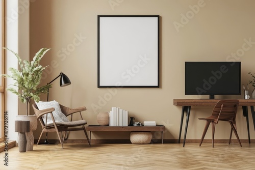 A modern home office with a wooden desk, chair, and a large window. There is a black framed poster hanging on the wall and a plant in the corner.