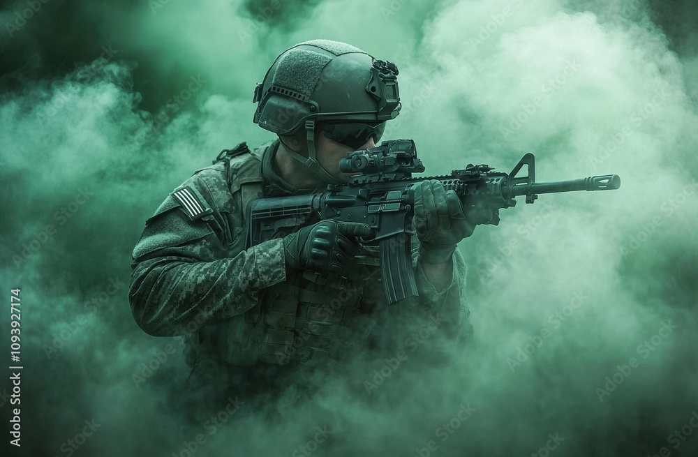 Soldier in Military Gear with Rifle in Dense Green Smoke During Tactical Training Exercise Soldier in Military Gear with Rifle in Dense Green Smoke During Tactical Training Exercise