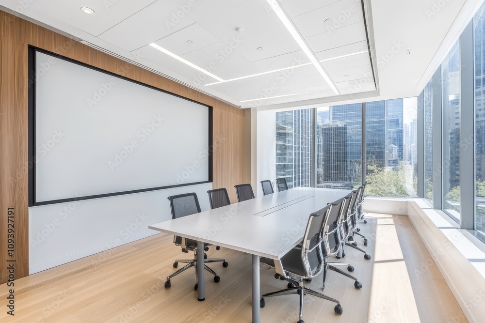 Fototapeta premium Modern conference room with large windows overlooking a city skyline, a long table and black chairs.