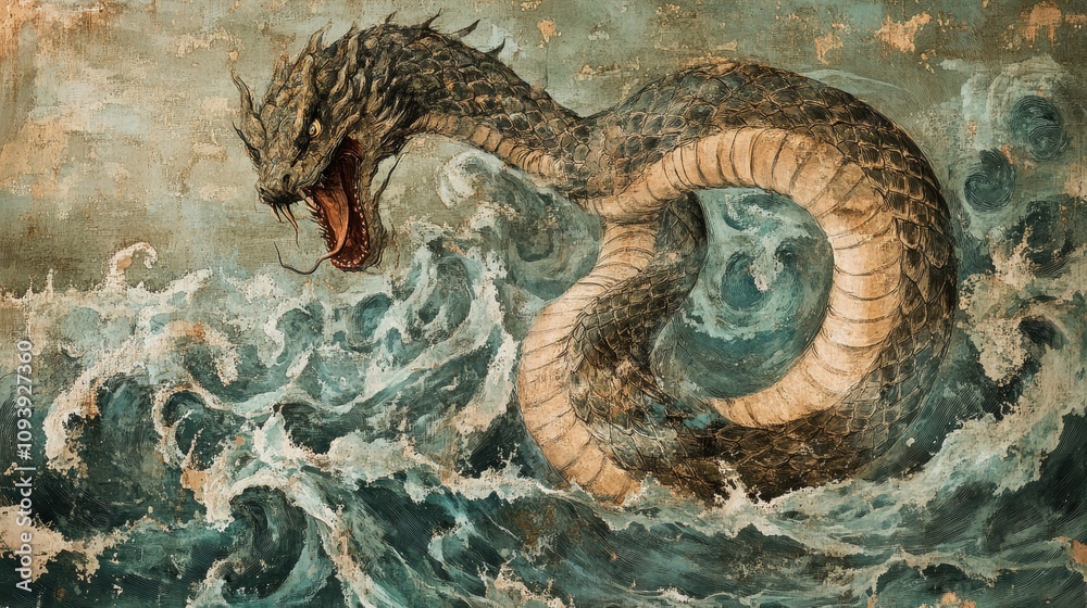 Mythical creature emerges from stormy seas fantasy art coastal landscape dramatic environment mythology concept Mythical creature emerges from stormy seas fantasy art coastal landscape dramatic environment mythology concept