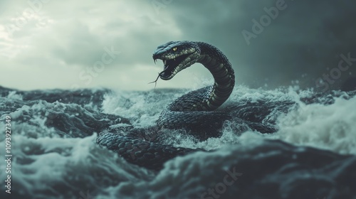 Mythical snake with dragon head surfaces amid stormy seas nature's fury digital art dark tones dramatic atmosphere fantasy concept