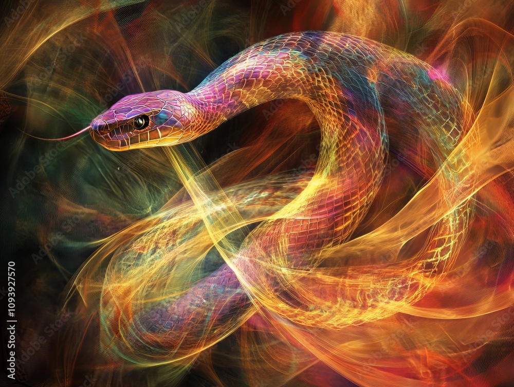 Vibrant snake of light slithering through the darkness abstract art digital creation enigmatic environment surreal viewpoint Vibrant snake of light slithering through the darkness abstract art digital creation enigmatic environment surreal viewpoint