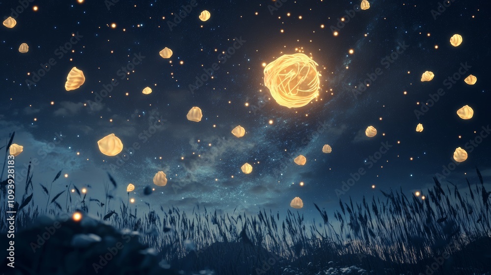 Celestial dumplings and noodles illuminate the night sky above a serene meadow digital art tranquil atmosphere surreal viewpoint Celestial dumplings and noodles illuminate the night sky above a serene meadow digital art tranquil atmosphere surreal viewpoint