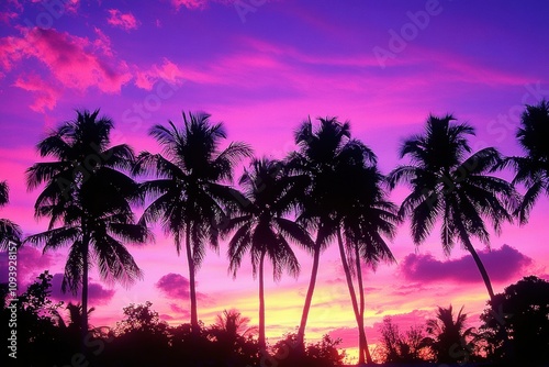 Tropical Beach Sunset Silhouette of Coconut Palm Trees Against Colorful Sky