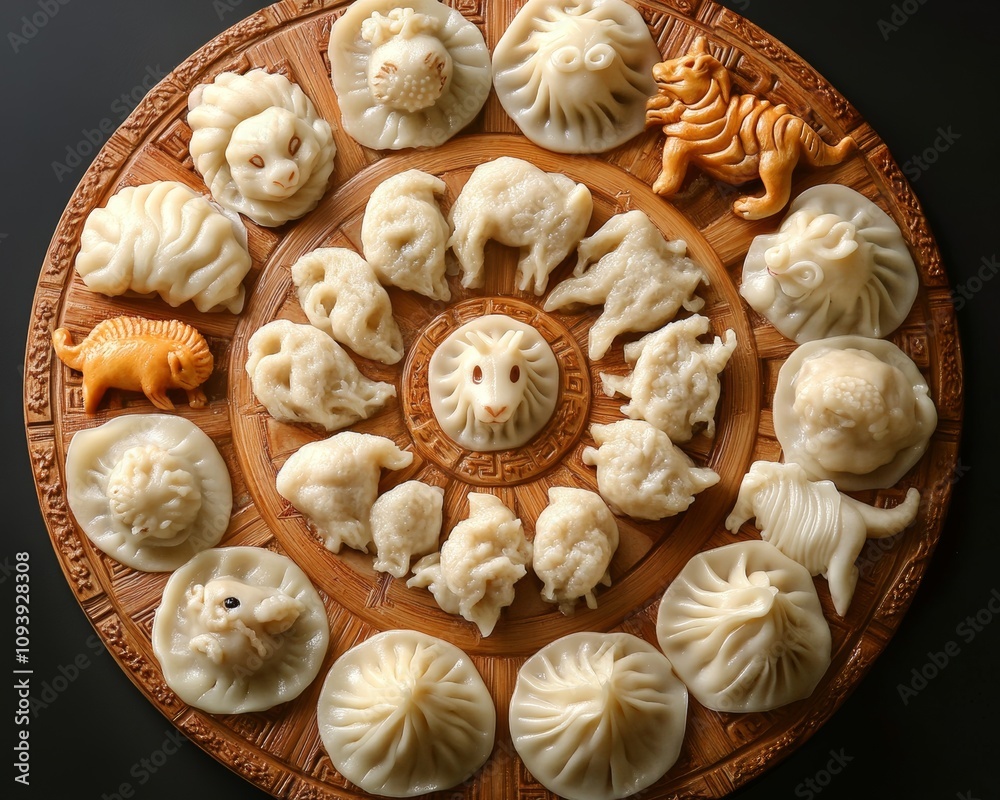 Traditional chinese zodiac dumplings showcase culinary art indoor setting vibrant presentation cultural heritage Traditional chinese zodiac dumplings showcase culinary art indoor setting vibrant presentation cultural heritage