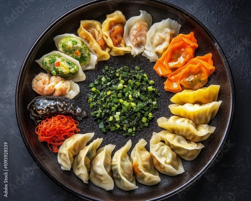 Delicious yanwit dumplings arranged in traditional chinese zodiac wheel kitchen food photography dark background culinary art photo