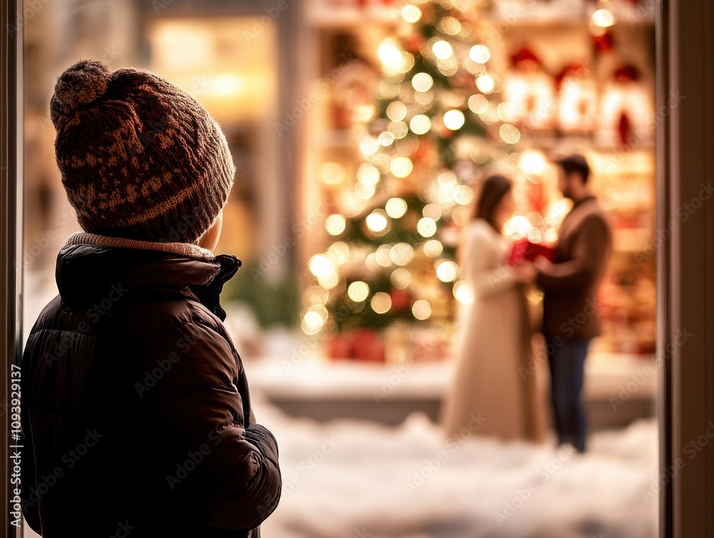 Child watching couple embrace by festive Christmas display. Child watching couple embrace by festive Christmas display.