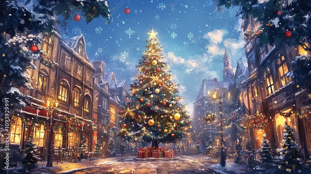 Festive Christmas tree in a snow-covered town square, illuminated buildings, ornaments, gifts. Festive Christmas tree in a snow-covered town square, illuminated buildings, ornaments, gifts.